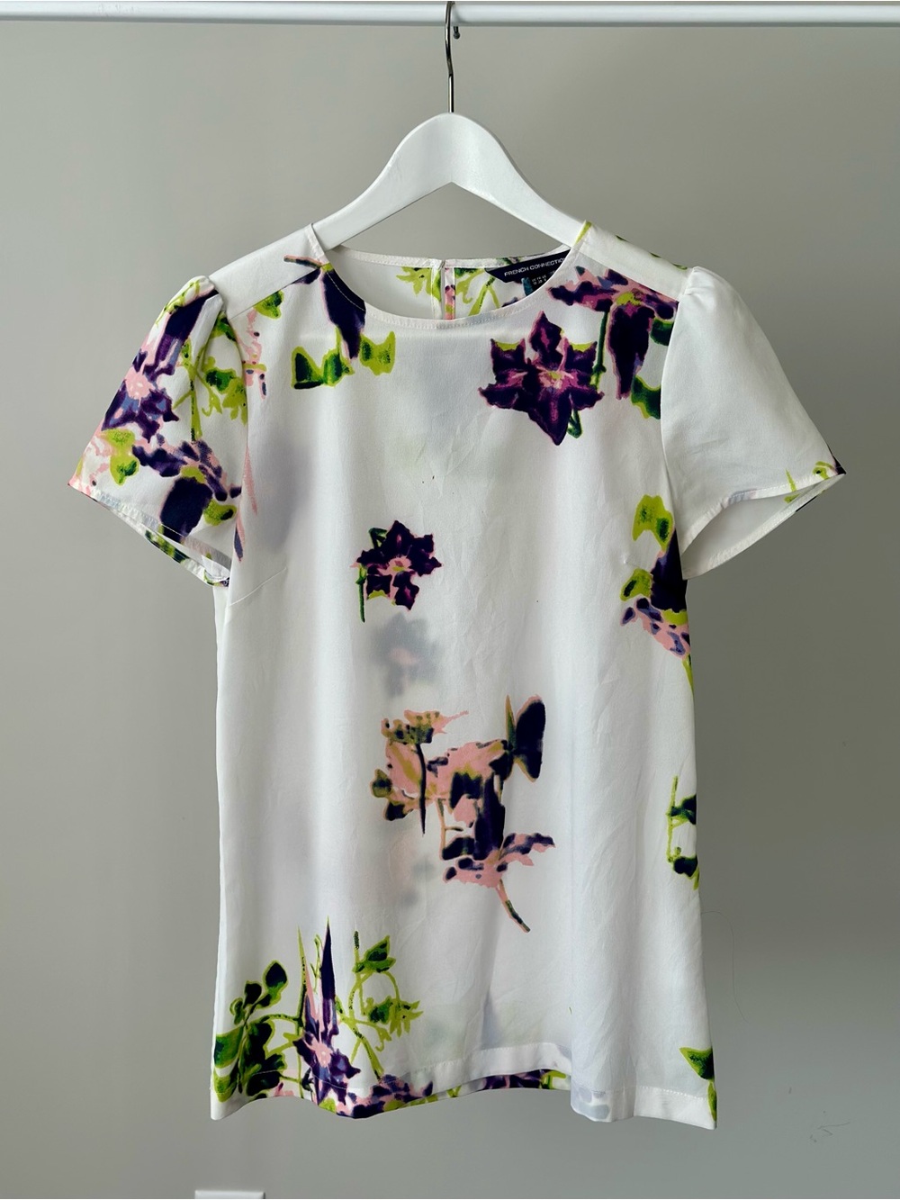 French Connection White Floral Short-Sleeve Blouse with Purple & Green Accents